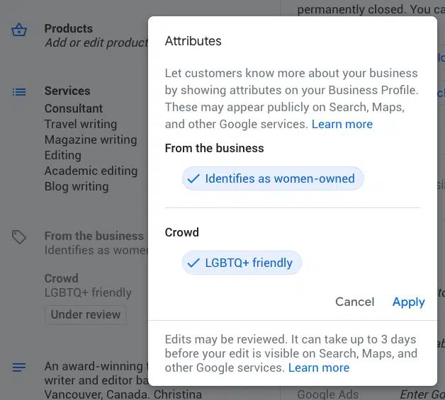GMB special features and attributes